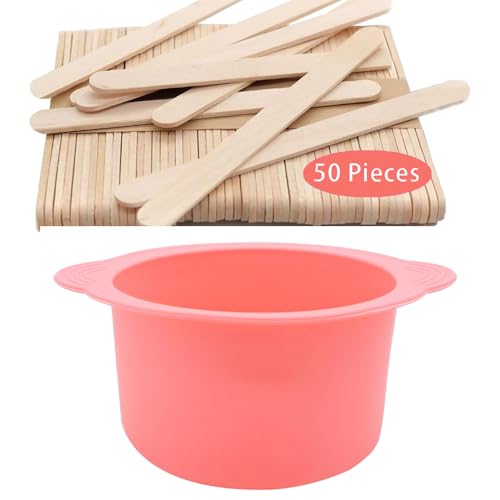 Image of Silicone Wax pot Liner, Silicone Wax Bowl Warmer liner, Non-Stick Melt Pot Replacement, Reusable Melt Liner with 50 Pcs Waxing Sticks Body Hair Removal 14 oz Pink