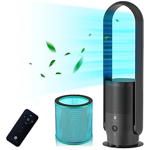 ULTTY Bladeless Tower Fan and Air Purifier in one, True HEPA Filter 99.97% Smoke Dust Pollen Dander, Oscillating Tower Fan with Remote Control R022, Black Cover