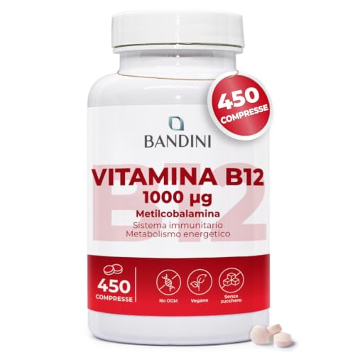 Bandini® Vitamina B12 450 Vegan (Scorta +14 Mesi), Metilcobalamina 1000µg, Compresse Vegane al 100%, Vitamine B 12 per il Sistema Immunitario, Vit B Metabolismo energetico, Stanchezza Fisica e Mentale