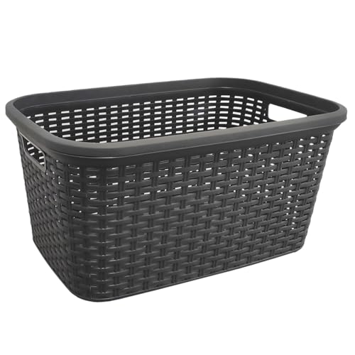 AC - Cesta Colada Rectangular de plástico - Fabricado en España - Capacidad de 35 litros - Estilo Mimbre - 53,5 x 36 x 26,5 cm - Color Gris Antracita