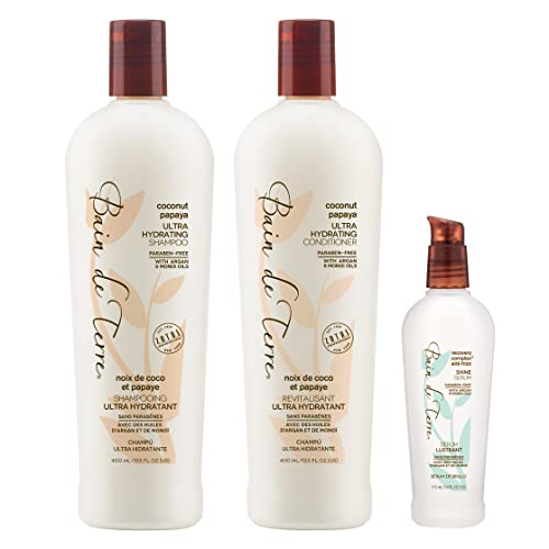 Bain De Terre Ultra Hydrating Shampoo & Conditioner & Shine Serum | Coconut Papaya | Overly Dry, Damaged Hair | Argan & Monoi Oils | 13.5 Fl Oz #TOP8