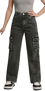 EVEN MORE Girls Cargo Jeans, Black Six Pocket, High Waist Wide Leg Denim Straight Fit, Kids Girls Stylish Casual Loosefit ... Price In India