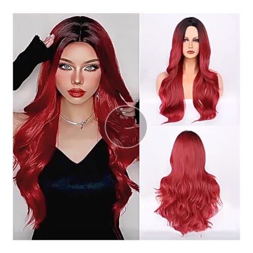 Perruque de cheveux longs et bouclés dégradé rouge à grande vague pour femmes