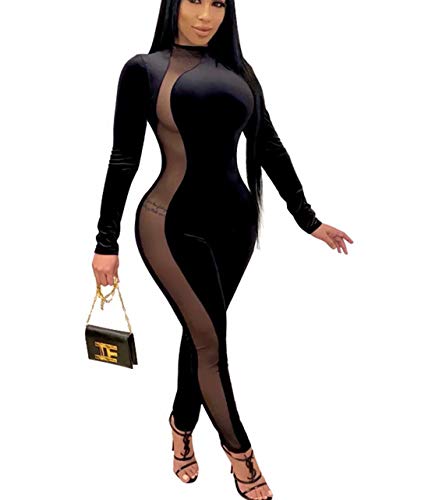 IyMoo Jumpers and Rompers for Women - Long Sleeve Hollow Out Pleated Mesh See Through Velvet High Waist Bodycon Skinny Long Pants Jumpsuits Playsuit 953 Black 2XL