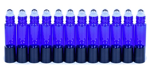 Cobalt Blue Glass Roller Bottles W/ Stainless Steel Balls For Essential Oils (12 Pack, 10ml Size) - Includes 12 Pipettes for Easy Transfer of Essential Oils