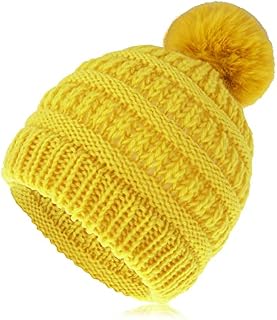 Sibba Toddler Knitted Pom Pom Baby Hat Winter Warm Infant Kids Crochet Beanie Christmas Bonnet Soft Bobble Cap with Hairball for Newborn Boys Girls Childrens Headwear Yellow 0-24 Months