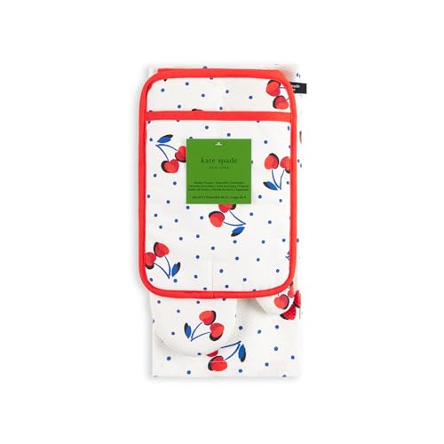 kate spade new york Cherry Dot Kitchen Towel, Oven Mitt & Pot Holder 4-Pack Set, 17" x 28", 7" x 13", 7" x 10", White/Red/Blue by kate spade new york - Image 9