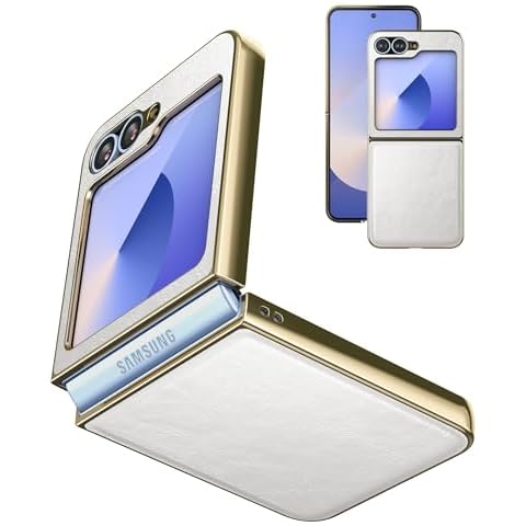 Suzii for Samsung Galaxy Z Flip 6 5G Case [PU Leather+Golden Hard PC Shell] Ultra Slim Lightweight, Stylish Durable Full Protective, Support Wireless Charging Cover for Samsung Galaxy Z Flip 6, White Cover
