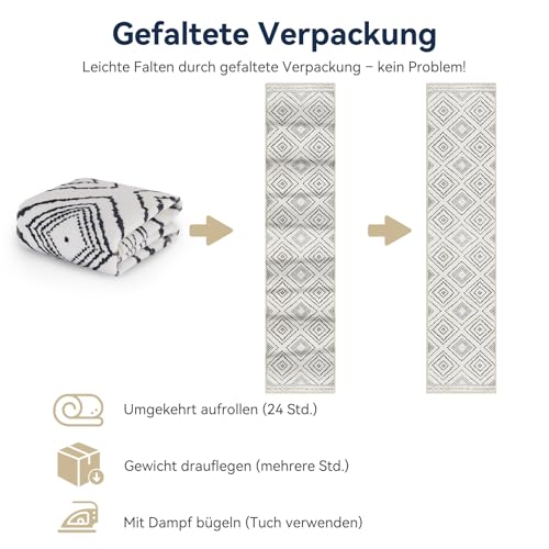 DEFYNEE Teppich Läufer Flur 60 x 300 cm, rutschfest Küchenläufer, Kurzflor Teppichläufer, Waschbar, Faltbar, Boho Design – für Flur, Küche, Wohnzimmer & Büro, Schwarz-Weiß