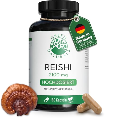 Green Naturals® Reishi Extrakt – Hochdosiert: 2100 mg mit 40% Polysacchariden (840 mg) – Ganoderma lucidum (Ling Zhi) – Made in Germany – 180 vegane Kapseln