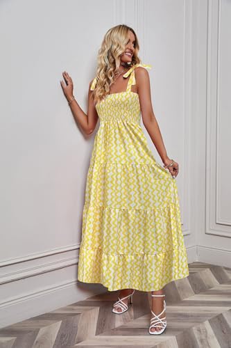 Image of kinstell Women's Summer Boho Spaghetti Strap Square Neck Ruffle Casual Flowy Long Dress Beach Swing Party Maxi Dress