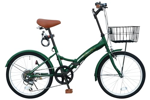 THREE STONE 折りたたみ自転車 自転車 20インチ P-008 シマノ6段ギア カゴ ライト ワイヤーロック錠 空気入れ付 通勤 通学 街乗り (モスグリーン)