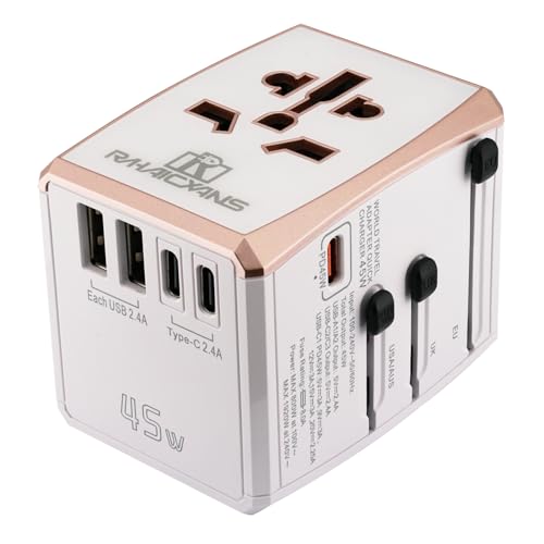 RHAICXANS Universal Travel Adapter 45W with 5 Ports (3 USB-C, 2 USB-A) Worldwide Charger for USA, Europe, UK, Australia, Asia & 150+ Countries International Power Plug