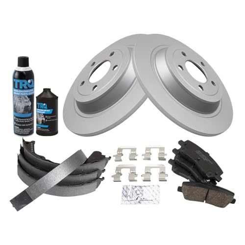 Image of TRQ Rear Brake Pad & Rotor Kit, with Chemical Kit Parking Brake Shoe Set Ceramic Premium G-Coated Compatible with 2015-2020 Ford Mustang