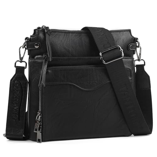 TANTOMI Umhängetasche Damen, Leicht Handtasche Damen Mittelgroß mit Mehreren Fächern, Schultertasche Crossbody Bag Damen mit Verstellbarem Breitem Riemen, Schwarz