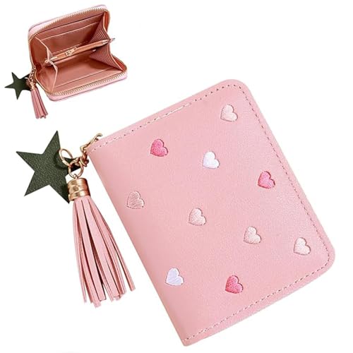 Portafogli per ragazze grazioso portafoglio per bambini con cuori ricamati 14x9.5x2 Moderno corto rosa