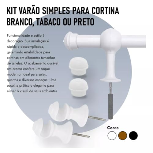 Kit Varão Simples 3 Metros 19mm Fino Para Cortina Com Conjunto de Instalação