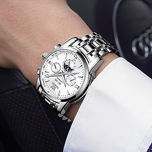 Image of OLEVS Automatic Men Watch Self Winding Mechanical Luxury Dress Moon Phase Stainless Steel Silver Watch Waterproof Luminous Calendar White Wrist Watch