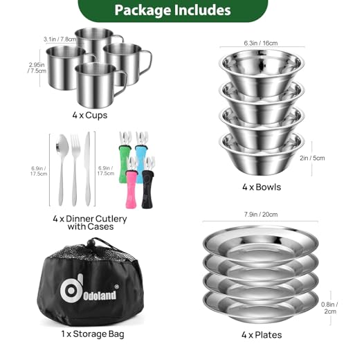 Odoland Campingbesteck Set Outdoor Reisebesteck aus Edelstahl Klappbesteck mit Teller Tasse ideal Geschenk für Outdoor Kochgeschirr Reisen Wandern Camping