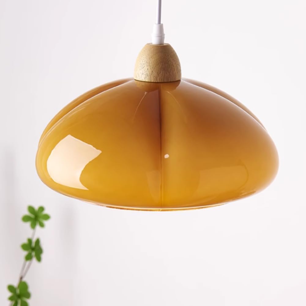 Średniowieczna nordycka minimalistyczna lampa wisząca z białego i pomarańczowego szkła, drewniany klosz dyni, idealna dekoracja do jadalni, sypialni lub korytarza.