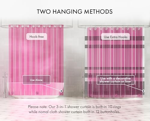 Image of AmazerBath No Hook Shower Curtain and Liner 3-in-1, 8G Luxury Heavy Duty Clear Hot Pink No Hook Shower Curtain Liner, 72x75 Cute EVA Bathroom Weighted Plastic Shower Curtain with 3 Heavyweight Stones
