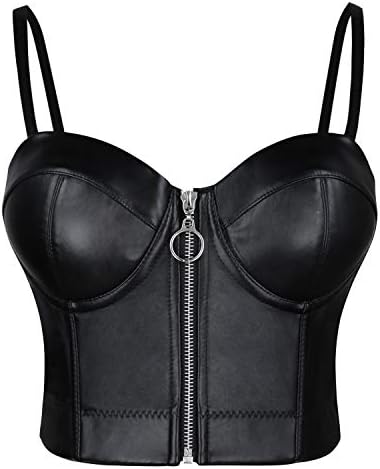 Charmian Women's Spaghetti Straps Gothic PU Leather Corset Bustier Front Zipper Crop Top Bra Black Small