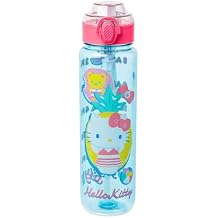 Silver Buffalo Sanrio Hello Kitty Pool Party Plastic Blue Water Bottle with Locking Lid, Strap, and Hydration Tracker, 33 Ounces