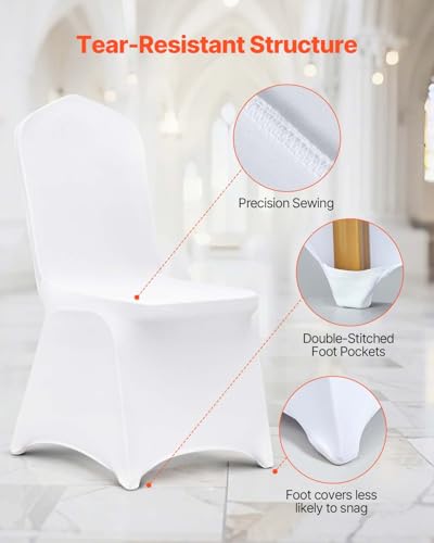 Image of VEVOR 100 Pcs White Chair Covers Polyester Spandex Chair Cover Stretch Slipcovers for Wedding Party Dining Banquet Flat-Front Chair Covers | for Party Dining Events Reception, Stretch Slipcovers, Fit Flat-Front Chairs Banquet Hotel Conference, Washable Reusable