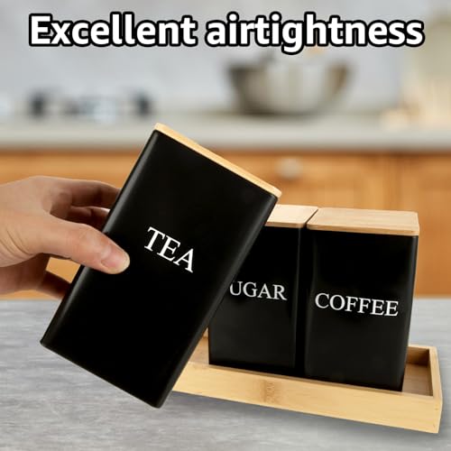 Set of 3 Stylish Black Tea, Coffee & Sugar Canisters – Metal Containers with Airtight Bamboo Lids for Organised Kitchen Storage - Image 4