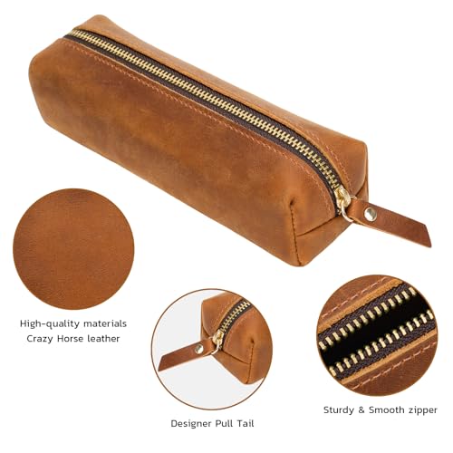 Image of ECHSRT Small Genuine Leather Pencil Pouch for Adults, Brown | Crazy Horse Leather Finish, Compact Writing Instrument Storage