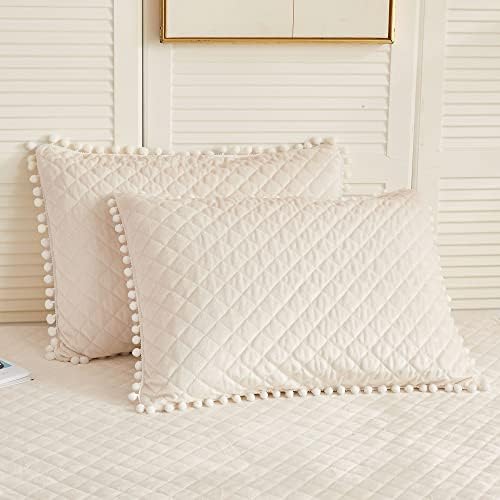 LIFEREVO 2 Pack Diamond Quilted Velvet Bed Pillowcases, Pom Poms Fringe Decorative Throw Pillow Shams Set of 2, Soft Bed Pillow Cases Zipper Closure for Teen's Girls Bedroom (Beige, King)
