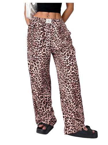Image of RoseSeek Women's Letter Leopard Print Y2K Straight Elastic Waist Leg Pants | Cheetah Print, Straight, Baggy Loose Fit, Slant Pocket, Streetwear, Vintage, Graphic Trousers