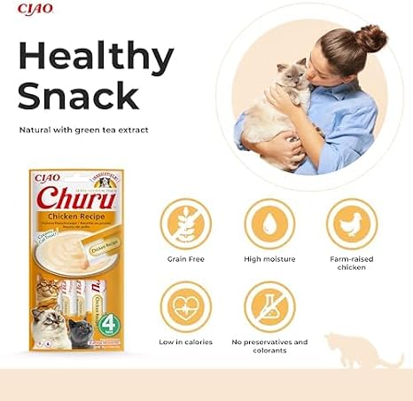 Ciao Churu Sticks by INABA Cat Treat - Chicken Flavour 12 Pack (48 x 14g total) / Soft & Creamy Cat Treat, Delicious & Healthy Snack, Likable Stick, Hand Feeding, Natural, Grain Free, High in Moisture
