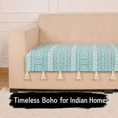 Image of STITCHNEST 'Verdant Bohemian Stories' 1 Seater Sofa Cover| Elegant Jacquard Fabric, Decorative Tassels, Washable & Durable for Modern Living