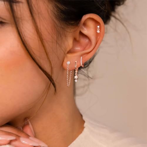 Image of Gold Earrings for Women, 14k Gold Plated Dangle Huggie Earrings for Women Trendy Dainty Gold Hoop Earring Stacks Hypoallergenic Pearl Chain Drop Cartilage Earring Fashion Womens Jewelry