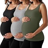 Locoowai 3 Pack Maternity Tank Tops Pregnancy Sleeveless Yoga Workout Shirts Scoop Neck Racer Back Athletic Tees(Army Green, Light Gray, Black,Large)