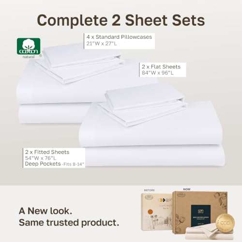 Image of 2-Pack Soft Natural 100% Cotton Sateen Full Bed Sheets Sets, Bright White