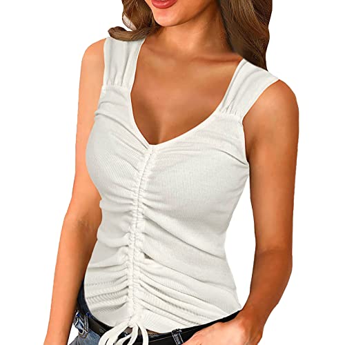 Womens Summer V Neck Sleeveless Tank Top Ribbed Drawstring Slim Basic Henley Shirts Loose Fit Casual Blouse