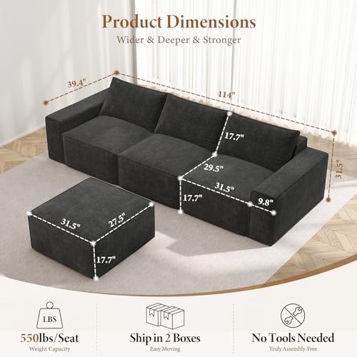 Image of Vesgantti 114 inch Modular Boneless Couch, Modern 3 Seater Sectional Sofa with Ottoman & Deep Seat, Convertible Chenille L Shaped Cloud Couches for Living Room, No Assembly Required, Dark Grey