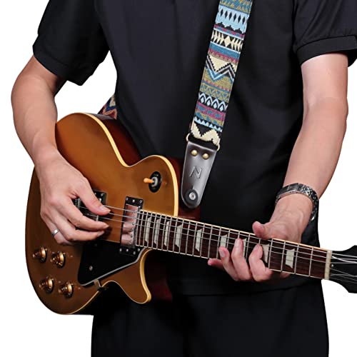 Guitar Strap, Vintage Jacquard Weave Cotton Guitar Straps With Genuine Leather Ends For Bass, Electric & Acoustic Guitars, Come With Free Strap Button, 2 Strap Locks And 4 Guitar Picks (Multicolor-2) #TOP6