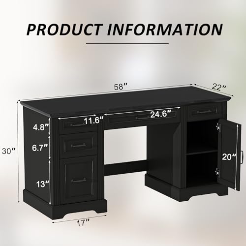 AHB 58" Executive Desk, Home Office Desk with Drawers and Cabinet, Wooden Workstation with Storage, Farmhouse Desk for Writing, Studying, Working