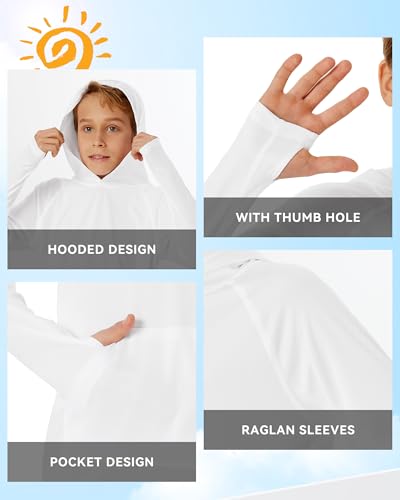 Image of Boys Rash Guard Long Sleeve Hoodie Swim Shirt with Pocket Youth Kids UPF 50+ Sun Protection Fishing Shirts Thumb Hole