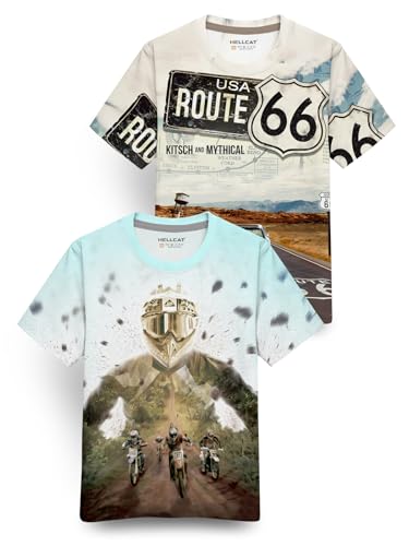 Image of HELLCAT Trendy Front & Back Graphic Printed Cotton Blend Half Sleeve Premium Round Neck Tshirt for Boys - Pack of 2