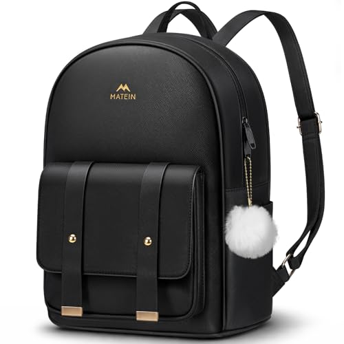 MATEIN Rucksack Damen Klein, 2 in 1 Rucksack Damen Elegant mit Bommel-Anhänger, Wasserdicht Damenrucksack Klein, Cityrucksack kleiner Handtasche für Alltag, Reisen, Schule, Arbeit, Leder, Schwarz