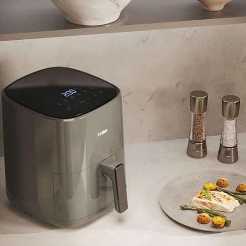 Haier Air Fryer Compact 5L, 4-6 personnes, Ecran Tactile Digital LED, 6 Programmes 80-200°C, Friteuse sans huile, Cuisson à l'Air Chaud, Rôtissage, Gril, Décongélation, Gris