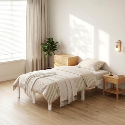 BambooSync 14 Inch Bamboo Bed Frame - Eco-Friendly Solid Wood Platform Bed with Easy Assembly, Twin Size, White Finish