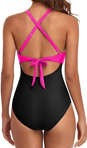 Eomenie Women's One Piece Swimsuits Tummy Control Cutout High Waisted Bathing Suit Wrap Tie Back 1 Piece Swimsuit Hot Pink Black - 2