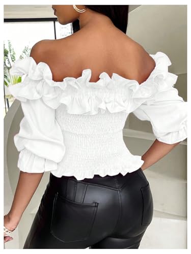 Floerns Women's Ruffle Trim Off Shoulder Flounce Sleeve Shirred Blouse Top2