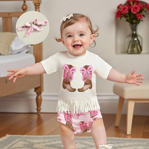 Western Baby Girl Summer Clothes Cow Print Short Sleeve Romper Bloomer Shorts Clothing Set Newborn Cowgirl Outfits3