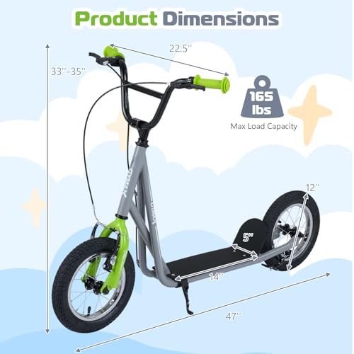 Image of GYMAX Scooter, Kids & Adults Off-Road Scooter with 12 inch Inflatable Wheels, Adjustable Height Handlebar, V-Type Handbrakes & Axle Pegs for All Terrain, 8+